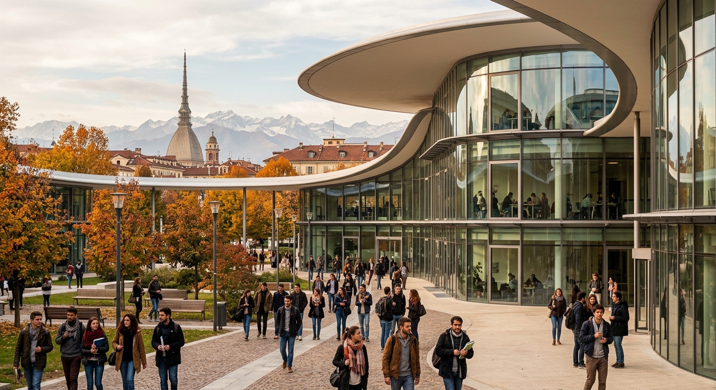 Historic University of Turin Campus Luigi Einaudi building with modern glass architecture, students walking through the courtyard, European city backdrop with Alpine mountains in the distance, autumn light