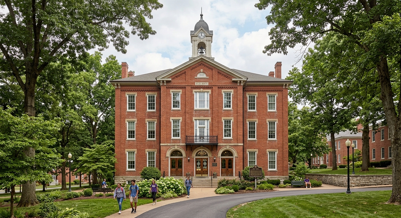 Old Main building at McKendree University, three-story historic red brick building dating from 1850, surrounded by mature trees, National Register Historic District, classic collegiate architecture