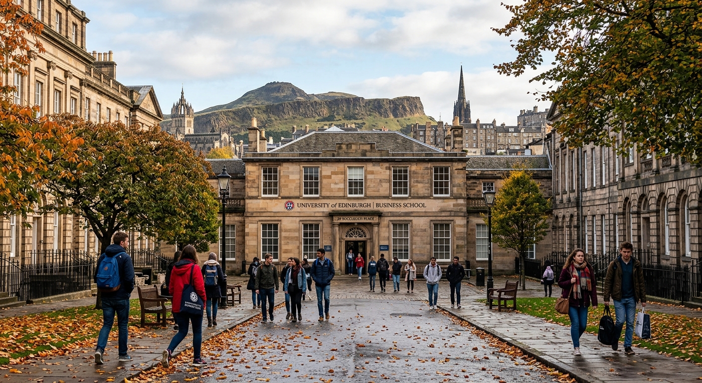Historic University of Edinburgh campus with Georgian architecture, George Square area, students walking through courtyard with Business School building visible, Edinburgh cityscape in background with Arthur's Seat, autumn atmosphere