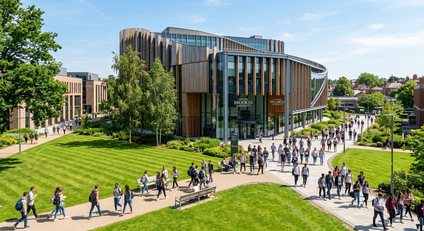 Oxford Brookes University Headington Campus with the John Henry Brookes Building, modern architecture surrounded by green lawns, students walking between lecture halls on a sunny day in Oxford, United Kingdom