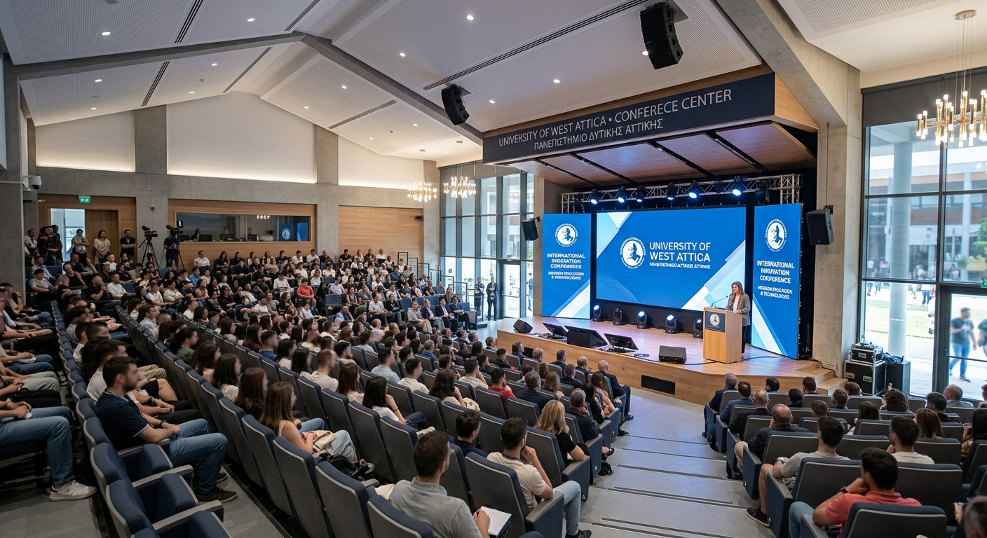 Modern university conference center interior with rows of seating, high-tech audiovisual equipment, contemporary design, bright lighting, University of West Attica
