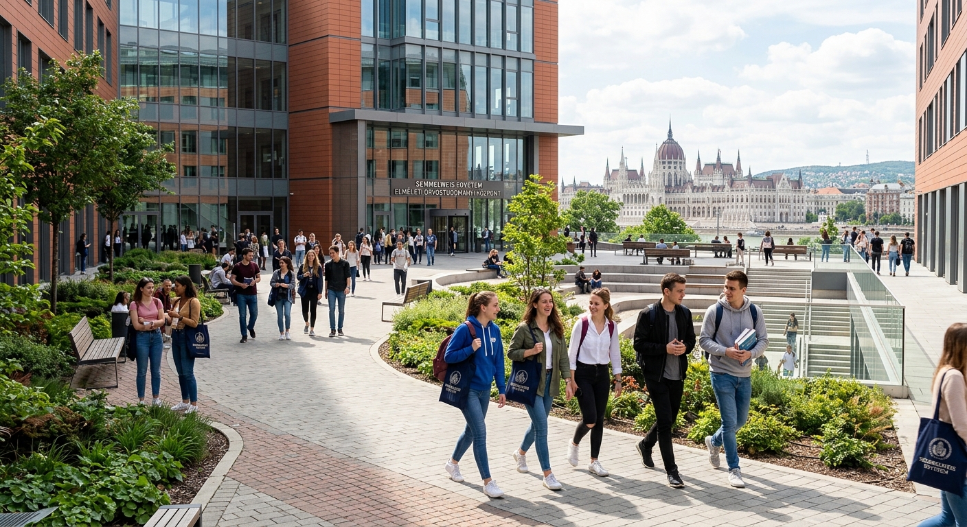 Modern university building in Budapest Hungary with health sciences students walking through a sunlit courtyard, European architecture visible in the background, Semmelweis University campus