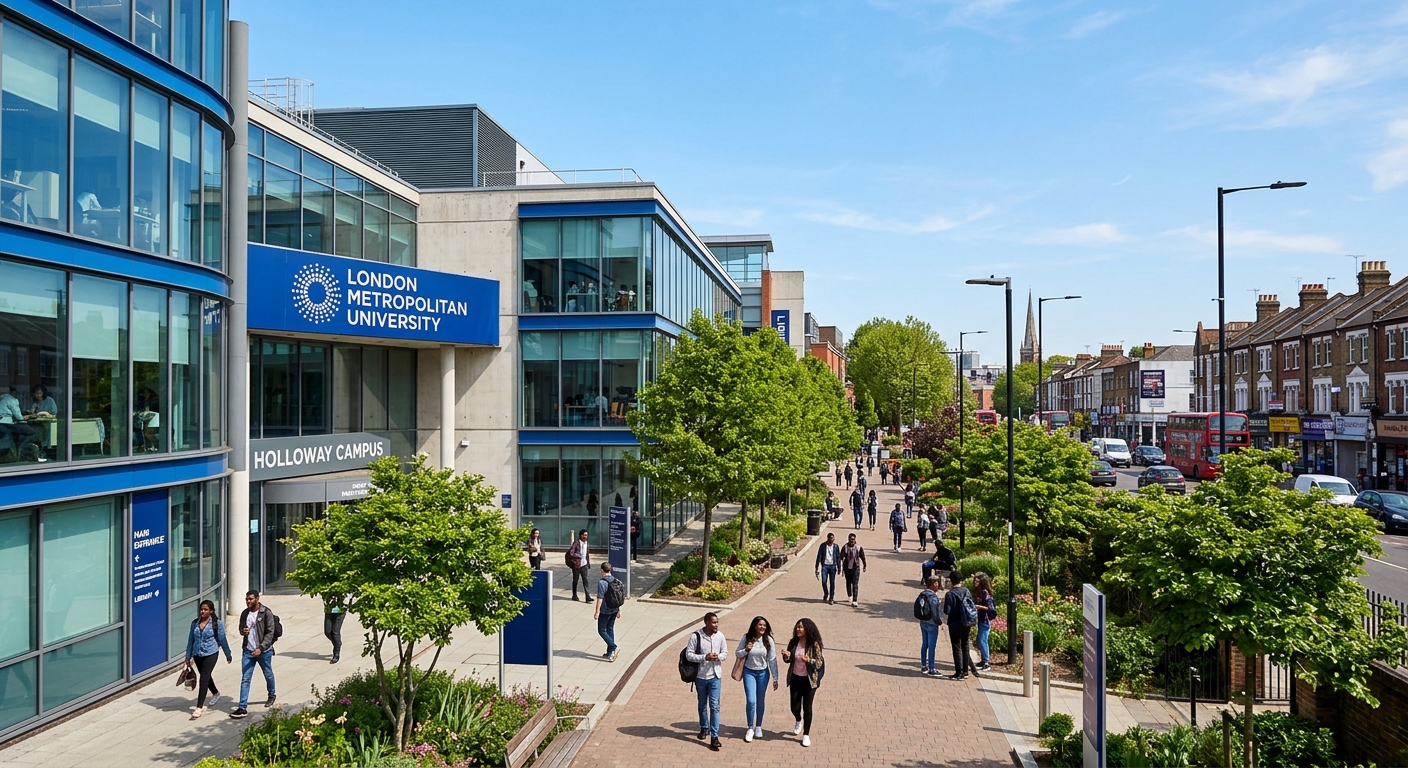 London Metropolitan University Holloway campus building exterior with modern architecture, students walking along tree-lined pathways, clear sky over North London urban setting