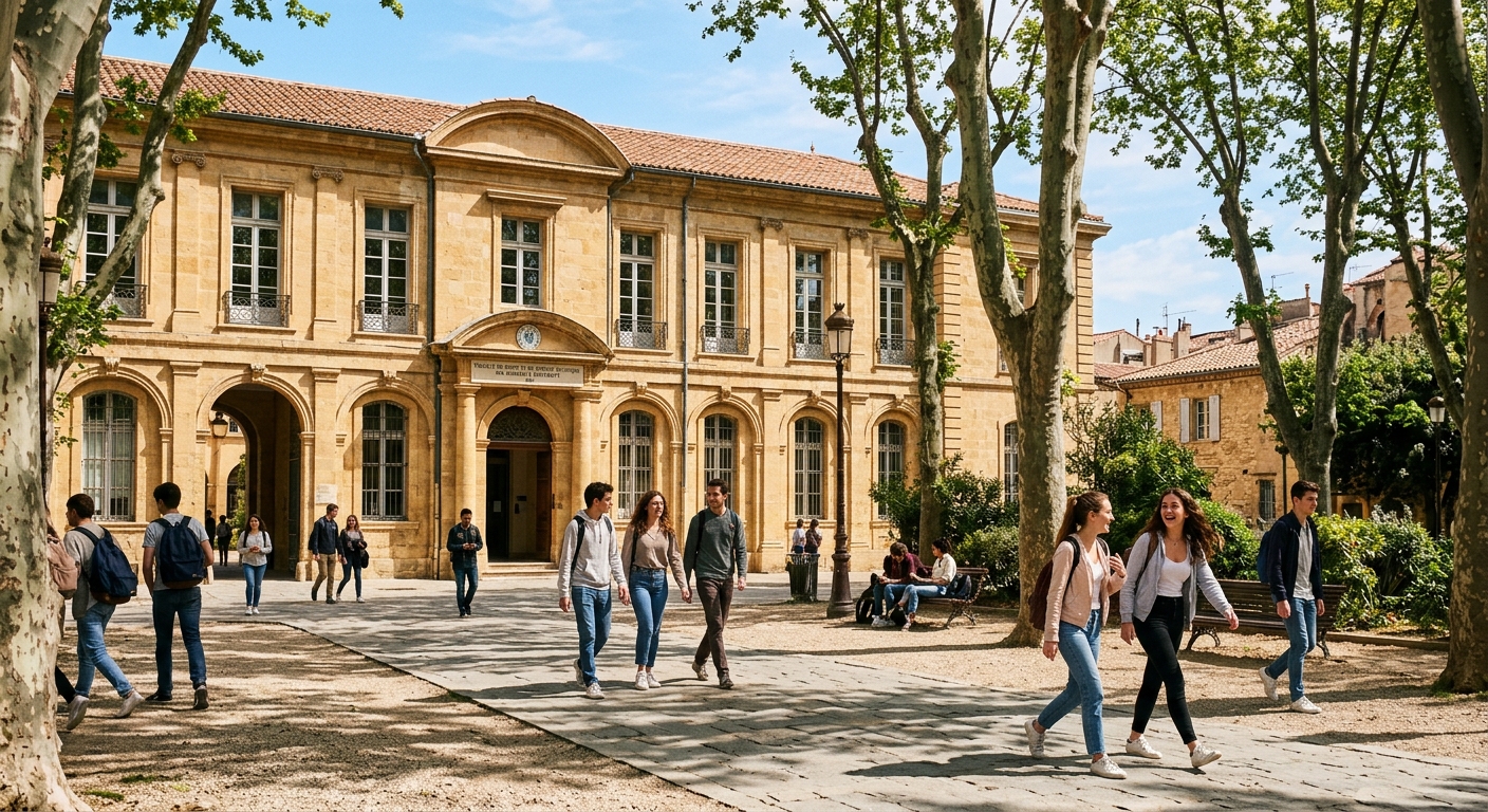 Aix-Marseille University campus building with Mediterranean architecture, students walking along tree-lined pathways in Aix-en-Provence, southern France sunlight, historic stone facades