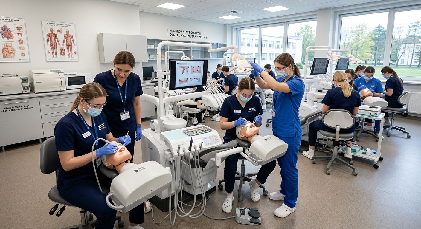 Modern dental hygiene training laboratory with dental chairs and simulation equipment at Klaipeda State College, students in clinical attire practicing oral care procedures, bright clinical lighting