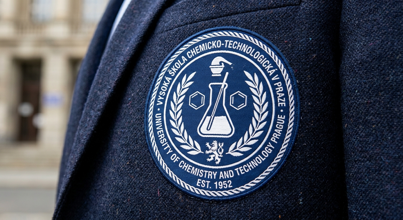 University of Chemistry and Technology Prague official logo, UCT Prague emblem featuring chemical flask symbol, blue and white color scheme, circular university crest design