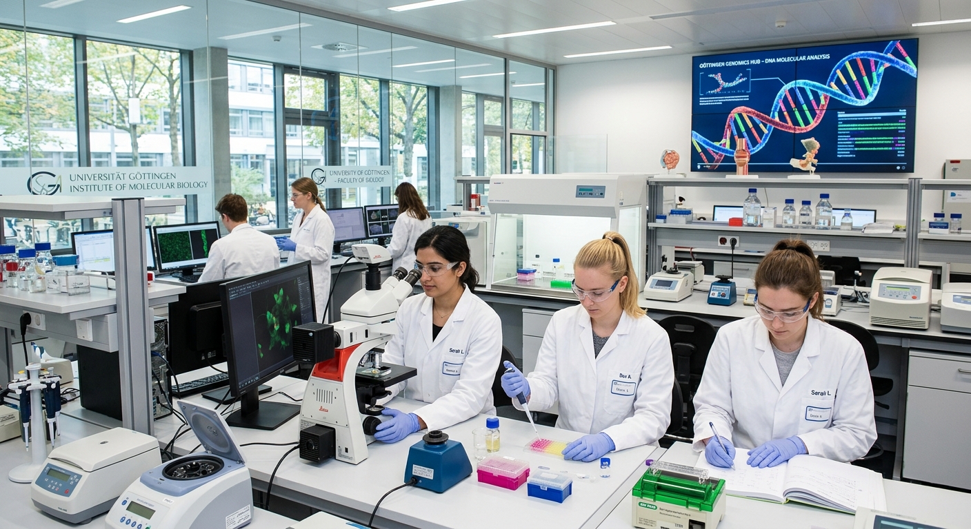 Modern biomedical research laboratory at University of Göttingen, students in white lab coats working with microscopes and molecular biology equipment, bright clinical lighting, glass-walled facility with DNA helix display on digital screen