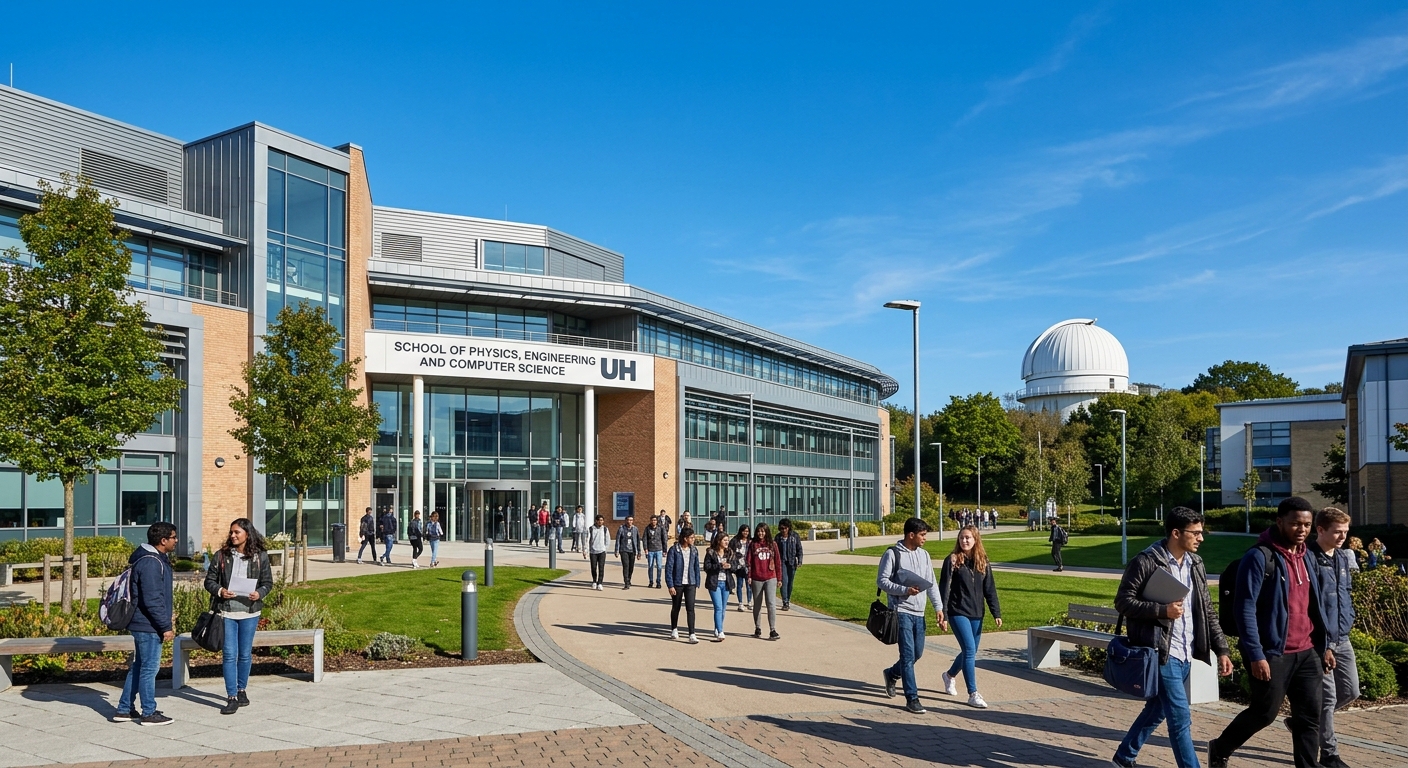 Modern university campus building at University of Hertfordshire in Hatfield, UK, with students walking near the School of Physics, Engineering and Computer Science, observatory dome visible in background, clear sky