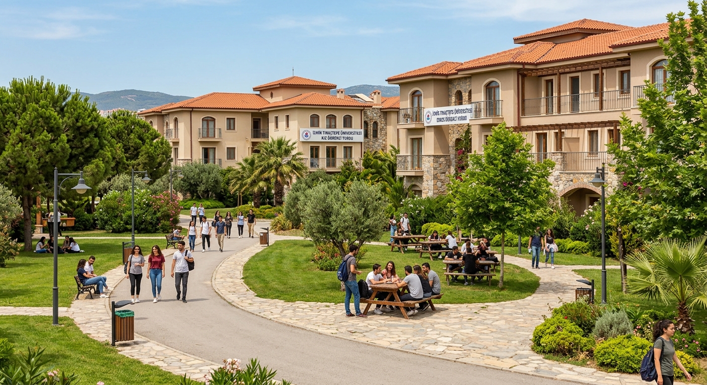 İzmir Tınaztepe University campus green area with student dormitory buildings, outdoor seating, trees and walking paths, Mediterranean architectural style