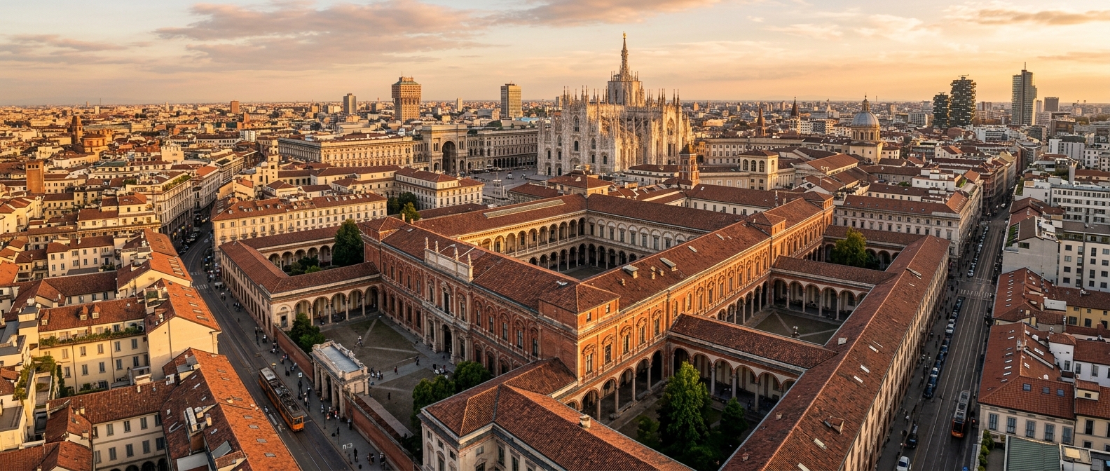 Wide aerial view of the University of Milan Ca Granda historic Renaissance building with its iconic courtyard and arched colonnades, surrounded by Milan city center rooftops with the Duomo di Milano visible in the background, warm golden hour light