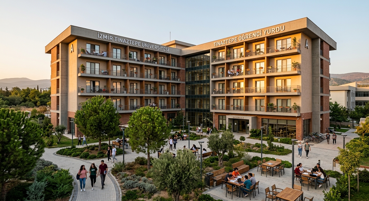 Student dormitory building at İzmir Tınaztepe University campus, modern residential block with balconies, courtyard with seating areas, warm afternoon light