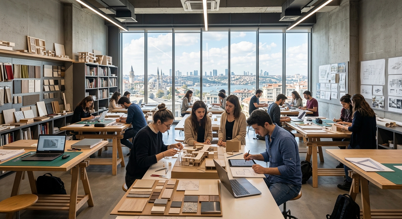 Modern interior design studio at Istanbul Nisantasi University, students working on spatial models and design projects, large open workspace with drafting tables, material samples, and architectural models, bright natural light from floor-to-ceiling windows, Istanbul skyline visible in the background