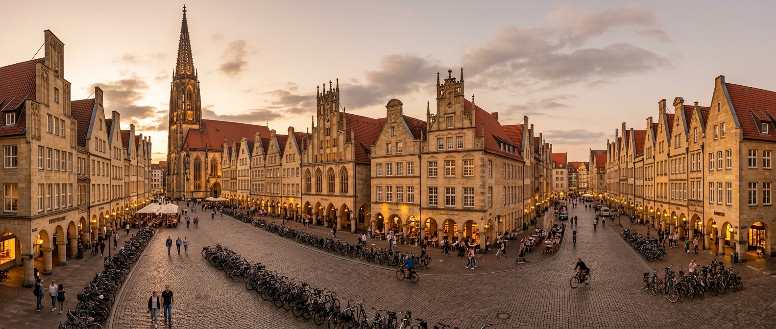 Panoramic view of Münster city center with the historic Prinzipalmarkt street, Gothic gabled houses, St. Lamberti Church spire, bicycles parked along cobblestone streets, warm European evening light