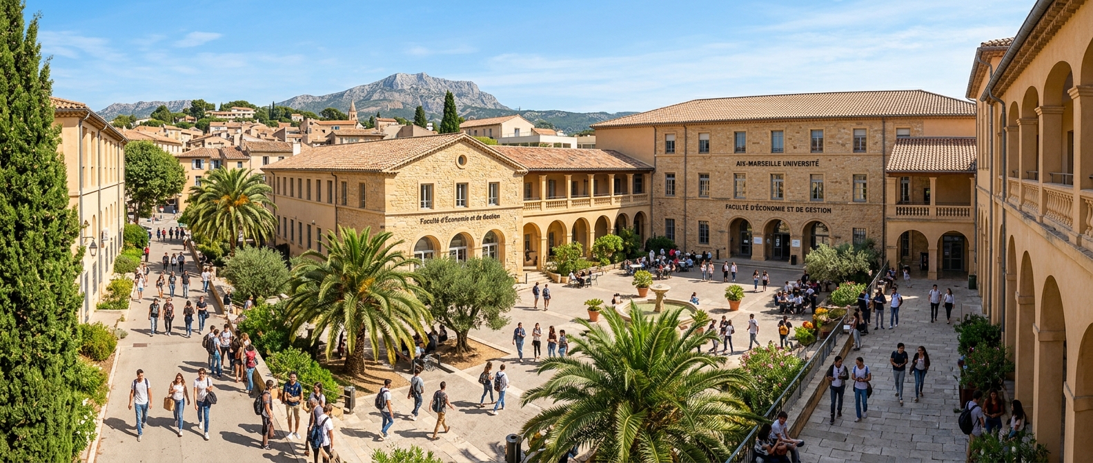 Panoramic view of Aix-Marseille University Faculty of Economics and Management campus in Aix-en-Provence, southern France, with Mediterranean architecture, palm trees, and students walking through sunlit courtyards