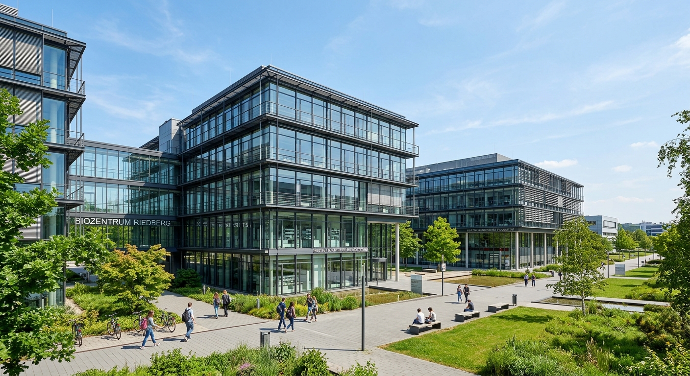 Riedberg Campus of Goethe University Frankfurt, modern glass and steel science buildings, laboratories, with clear sky and green surroundings