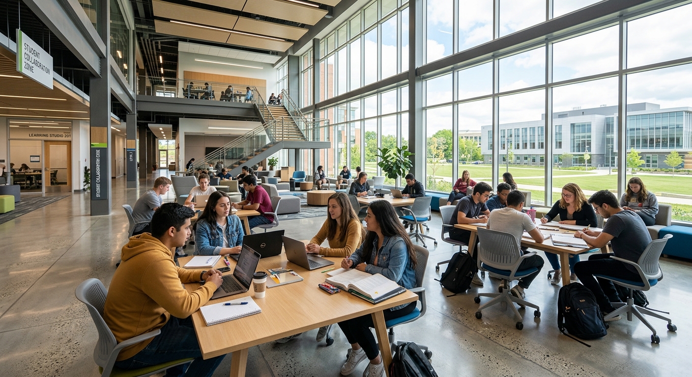 Modern university building interior with bright classrooms and contemporary furniture, students working in small groups around tables, natural light streaming through large windows