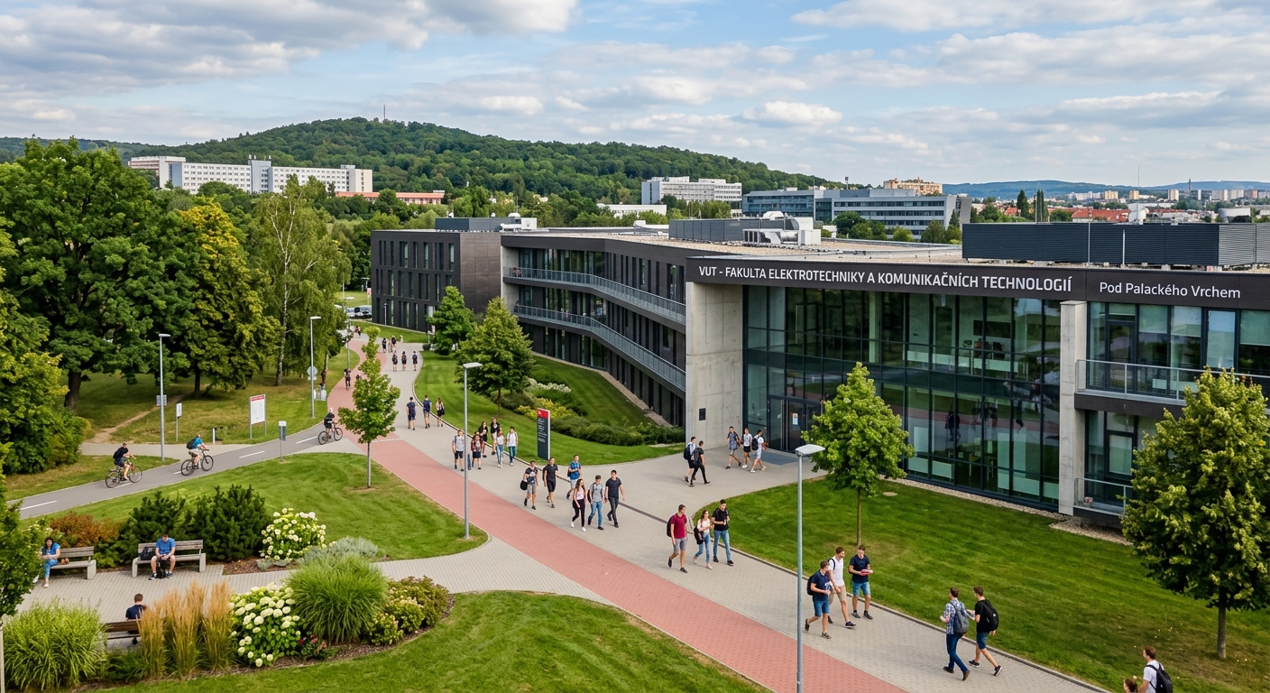 Brno University of Technology main campus Pod Palackeho Vrchem, modern faculty buildings with large windows, students walking on pathways, green lawns and trees