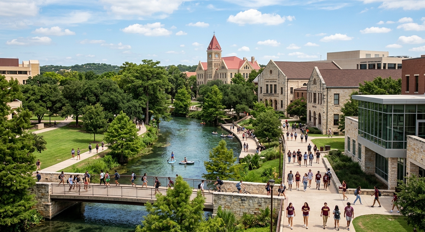 Texas State University campus in San Marcos with the San Marcos River flowing through lush green grounds, students walking between historic stone buildings and modern facilities under a bright Texas sky