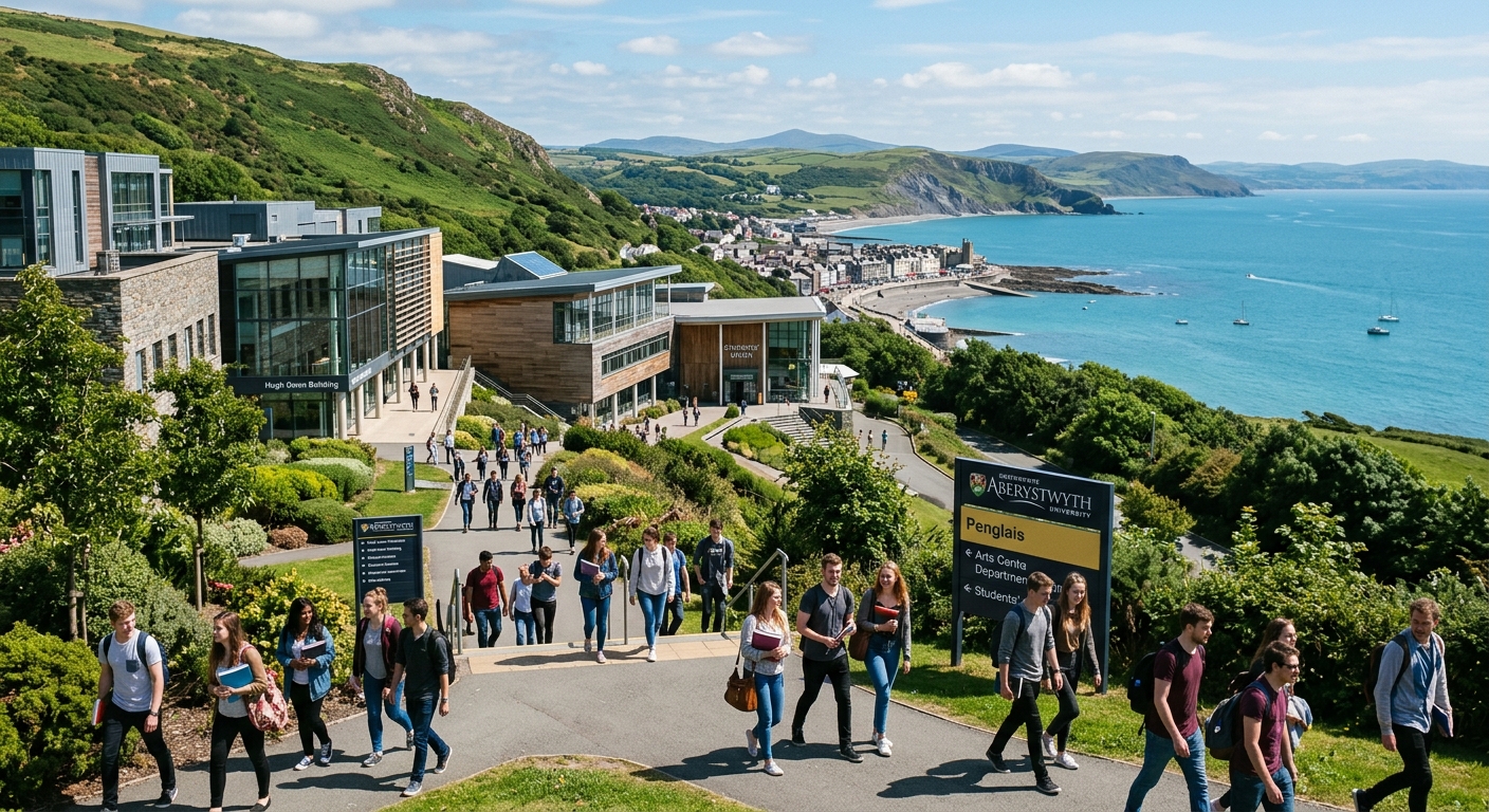 Aberystwyth University Penglais campus overlooking Cardigan Bay and the Welsh coastline, modern university buildings with green hills and sea views, students walking between departments on a bright day