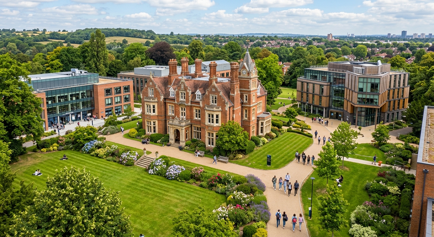 Kingston Hill campus set in landscaped gardens, Victorian house surrounded by modern academic buildings, green lawns, trees, students walking between buildings