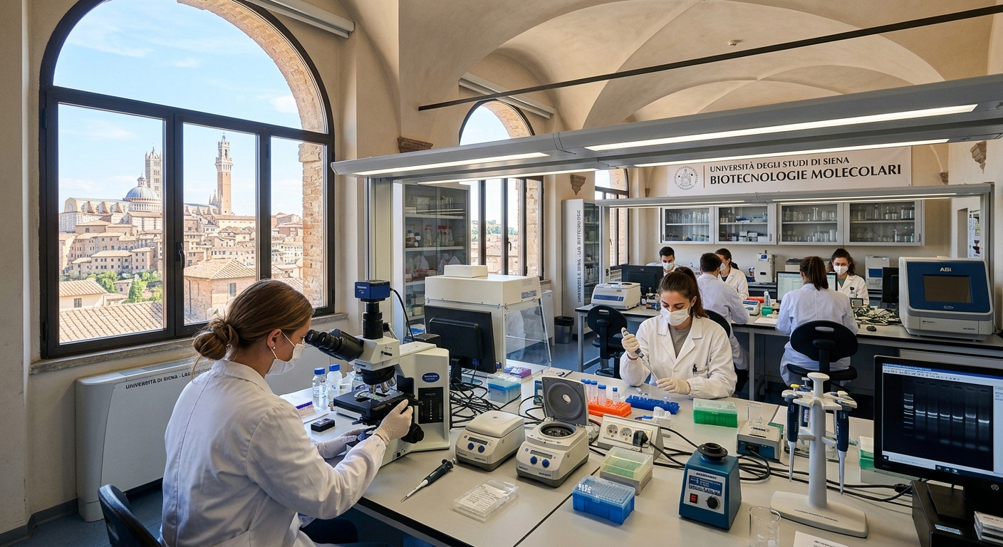 Modern biotechnology laboratory at the University of Siena with students in white lab coats working with microscopes and molecular analysis equipment, historic Tuscan architecture visible through large windows, bright natural lighting