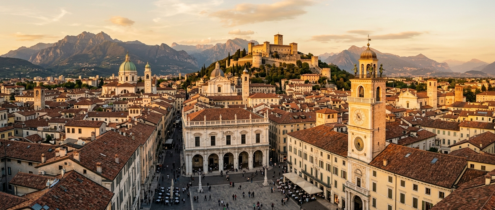 Panoramic view of Brescia Italy historic center with Piazza della Loggia, Renaissance clock tower, Brescia Castle on the hilltop, mountains in the background, golden hour lighting
