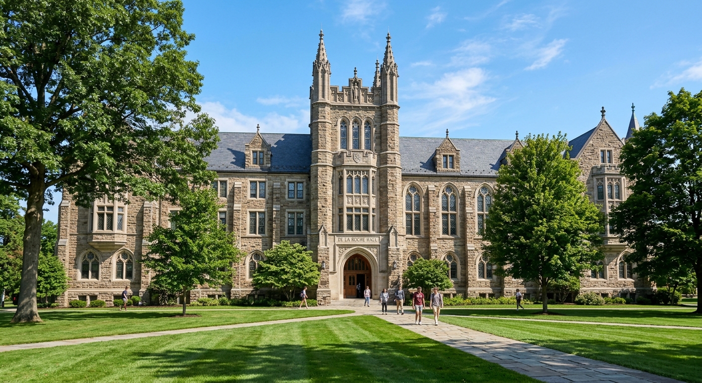 Historic stone academic building at St. Bonaventure University with Gothic architectural details, green lawn and mature trees in foreground, clear blue sky