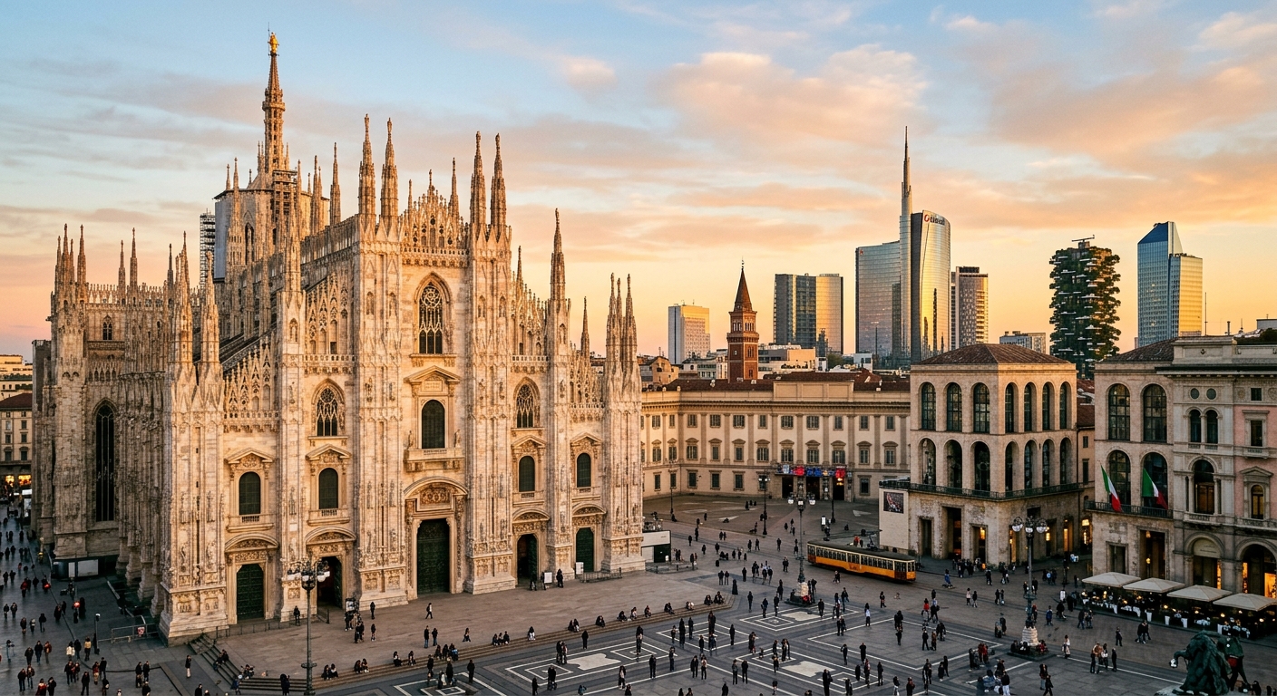 Milan cityscape at golden hour, Duomo cathedral in the foreground, modern skyscrapers of Porta Nuova in the background, bustling piazza with people, Italian urban elegance
