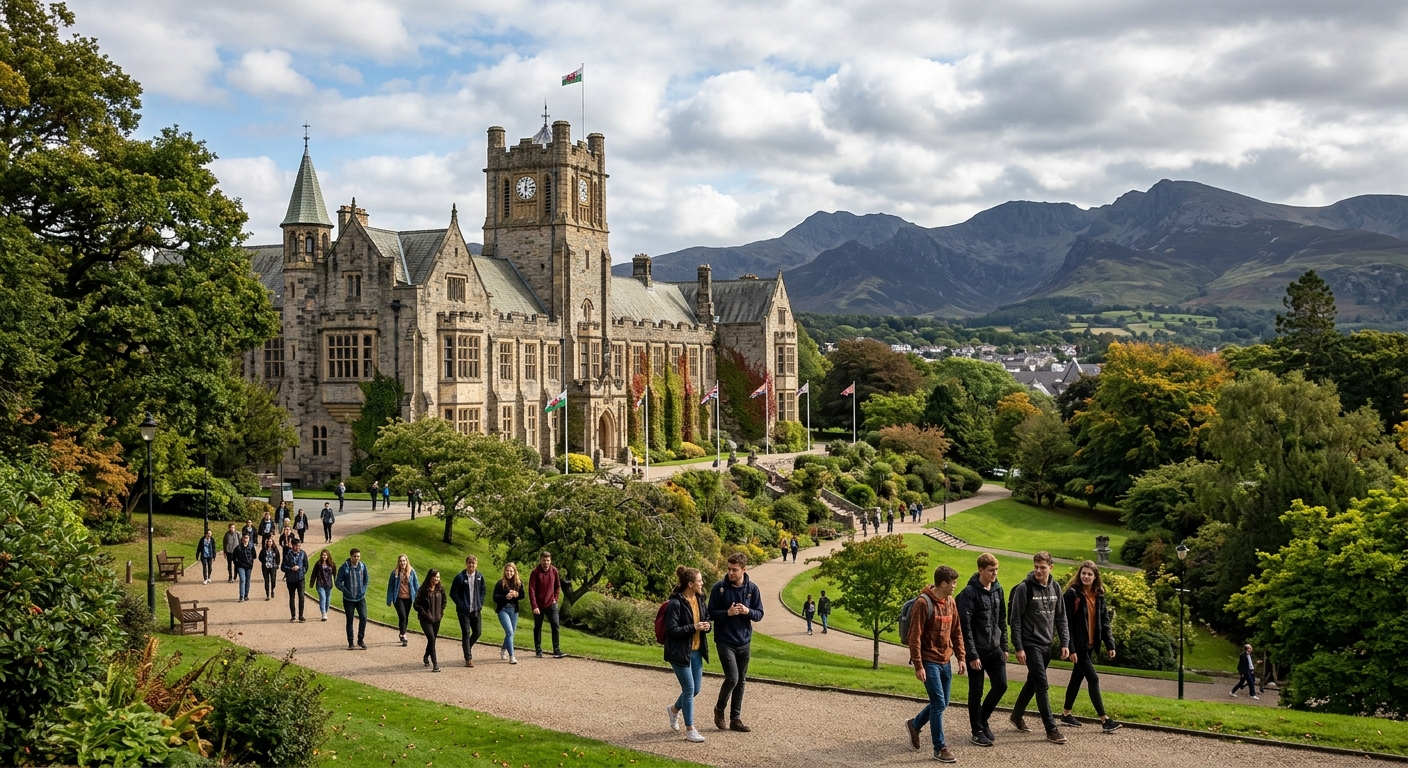 Historic Bangor University campus building with stone architecture surrounded by lush green grounds, mountains of Snowdonia visible in the background, students walking along tree-lined pathways under a partly cloudy sky in North Wales