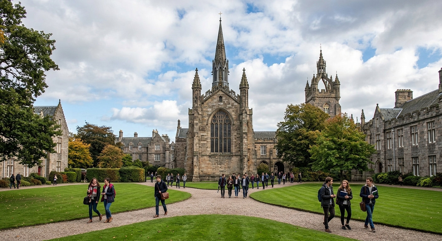 Historic granite campus of the University of Aberdeen with King's College Chapel and Crown Tower in the background, green lawns in the foreground, students walking along pathways under a partly cloudy Scottish sky