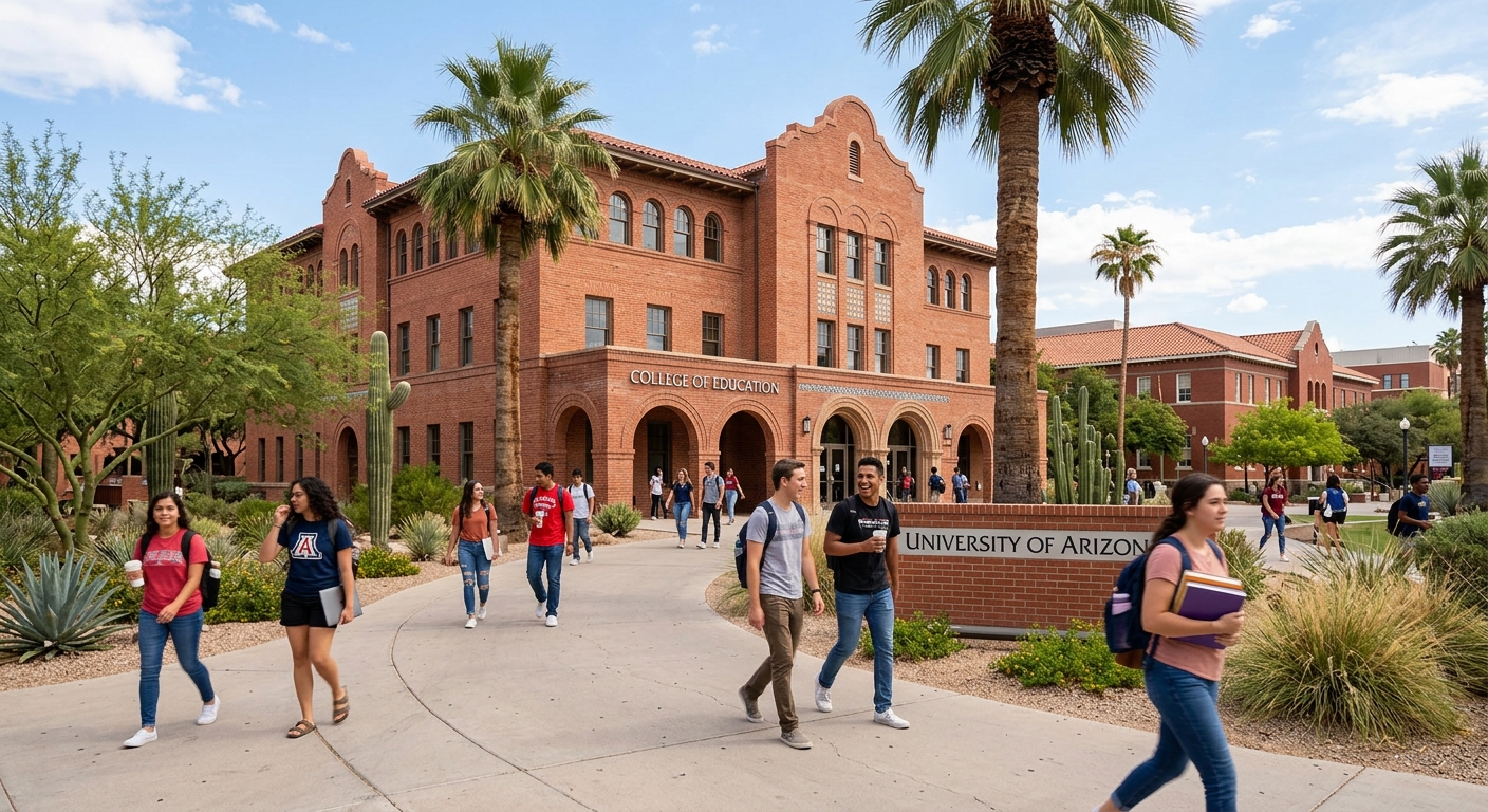 University of Arizona College of Education building in Tucson with desert landscape, red brick architecture, palm trees, and students walking on sunny campus pathways