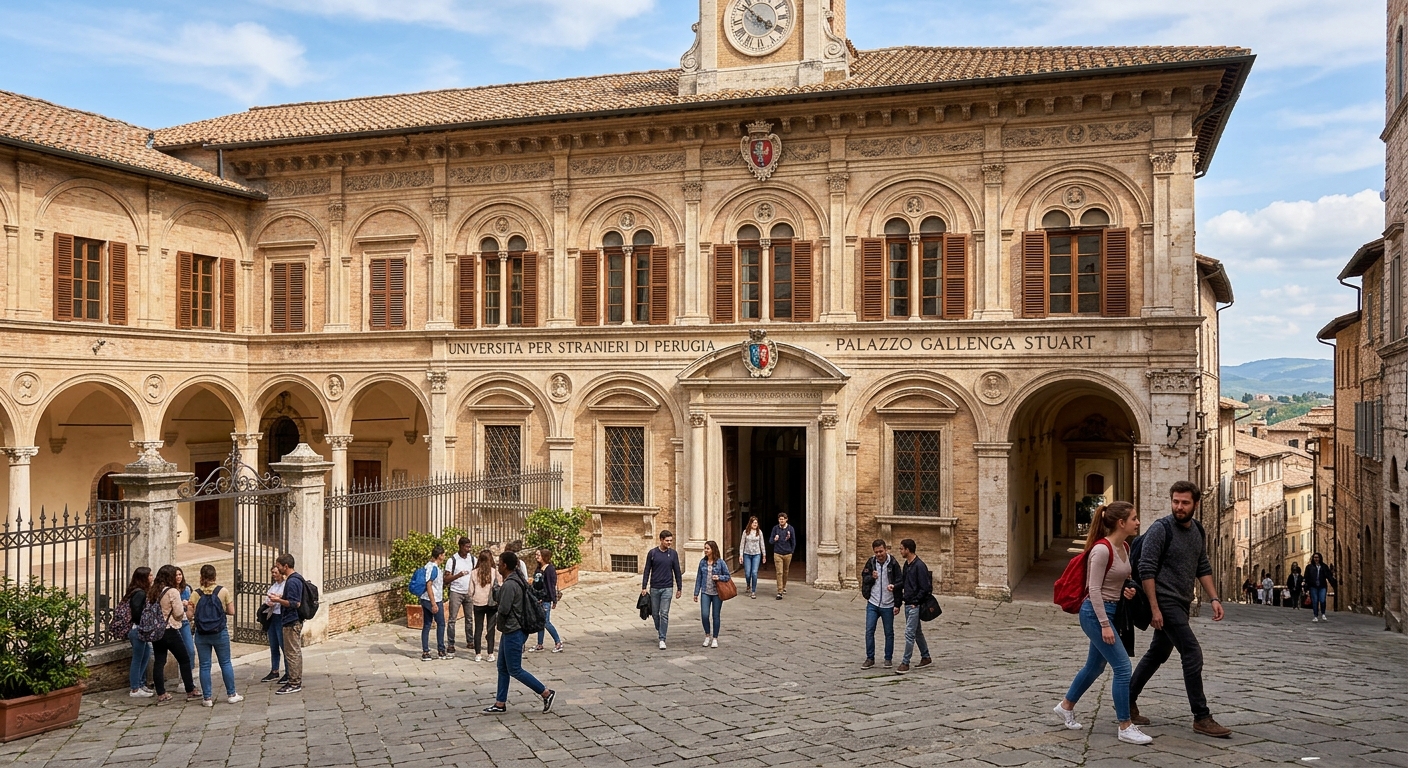 Historic Palazzo Gallenga Stuart building of the University for Foreigners of Perugia with Renaissance architecture, arched windows, and students walking through the entrance courtyard in the heart of Umbria, Italy