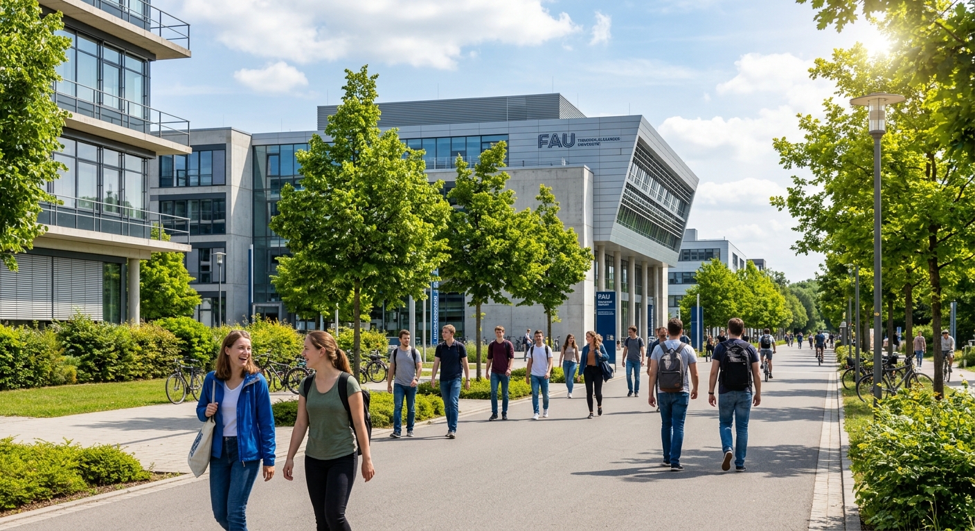 Modern university campus building at Friedrich-Alexander-Universität Erlangen-Nürnberg, students walking along tree-lined paths with contemporary engineering faculty buildings in the background, sunny day in Bavaria, Germany