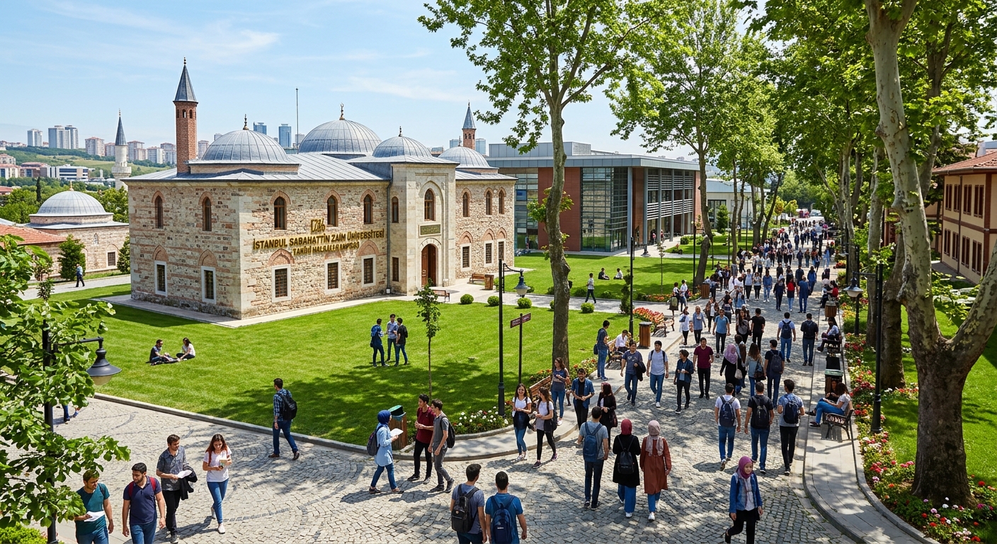 Historic Halkalı campus of İstanbul Sabahattin Zaim University with green lawns, Ottoman-era stone buildings, modern lecture halls, and students walking along tree-lined paths on a sunny day in Istanbul