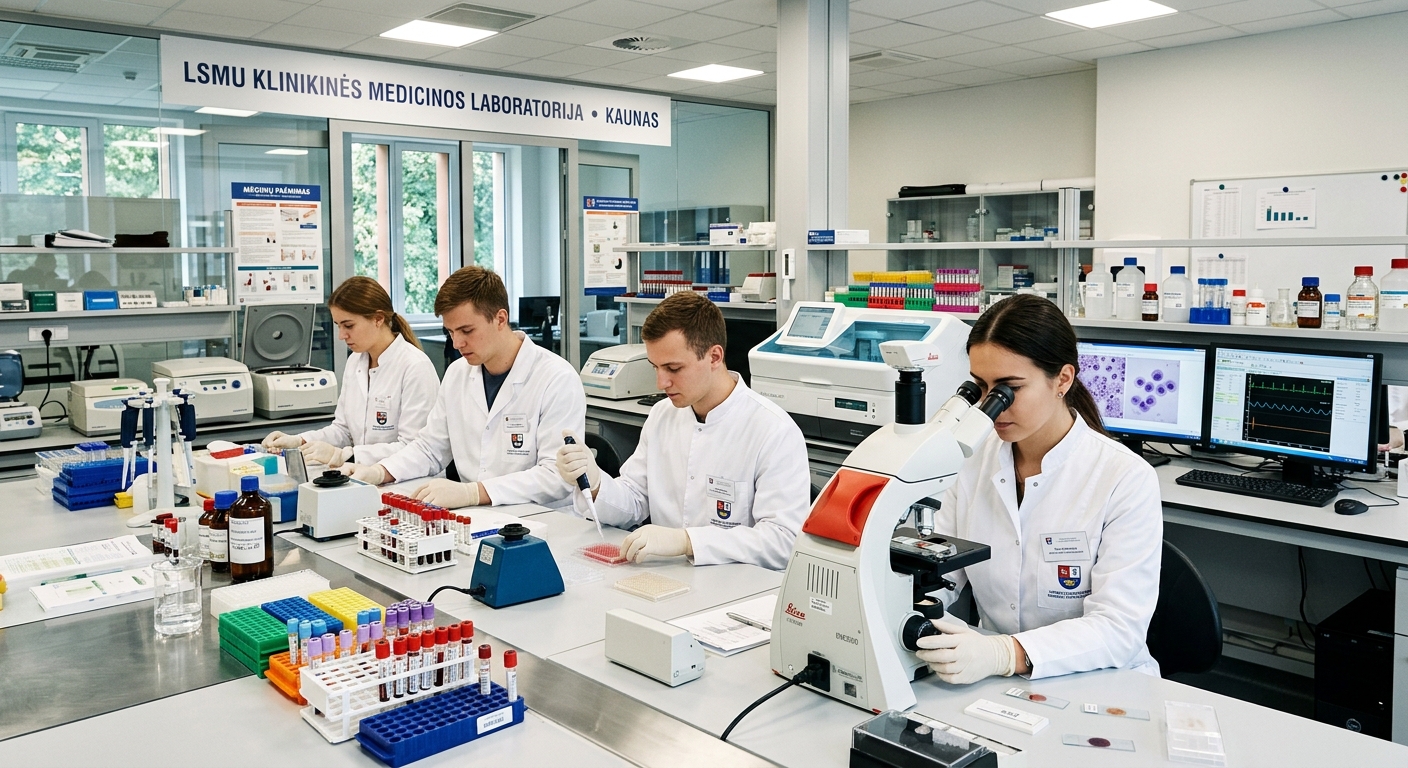 Modern clinical laboratory at Lithuanian University of Health Sciences in Kaunas, students in white lab coats working with microscopes and diagnostic equipment, bright fluorescent lighting, medical specimens and test tubes visible