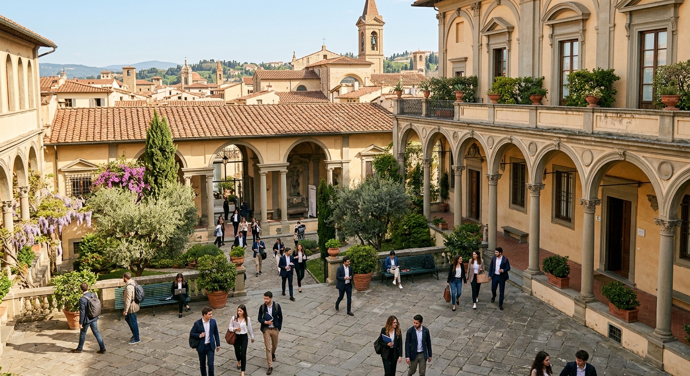 Elegant European business school building in Italy with classical architecture, students walking through a sunlit courtyard, Mediterranean ambiance with terracotta rooftops and lush greenery in the background