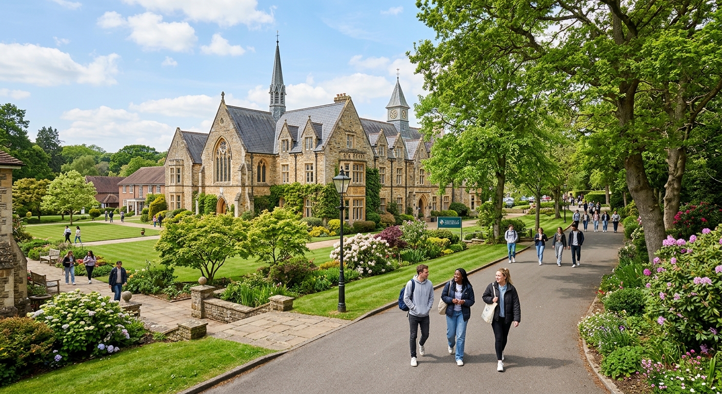 University of Chichester Bishop Otter campus with historic stone buildings surrounded by manicured gardens, students walking along tree-lined paths in West Sussex, England