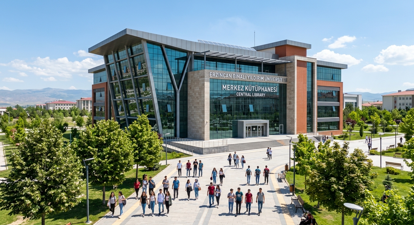 Erzincan Binali Yıldırım University main library building, modern architecture with large glass windows, students walking on tree-lined pathways, sunny day