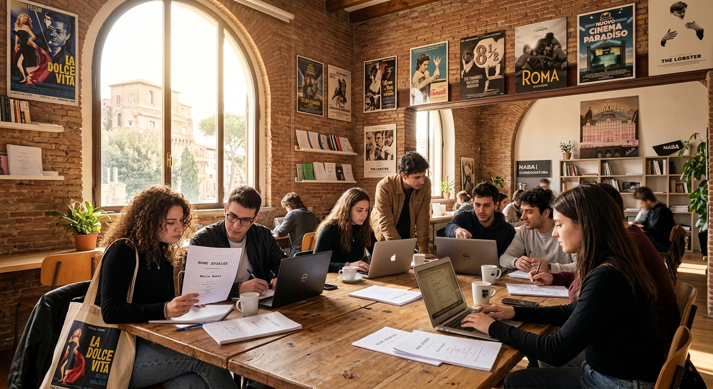 Modern creative writing studio at NABA Rome campus, students collaborating around a large table with screenplays and laptops, warm Mediterranean light streaming through tall windows, film posters on exposed brick walls