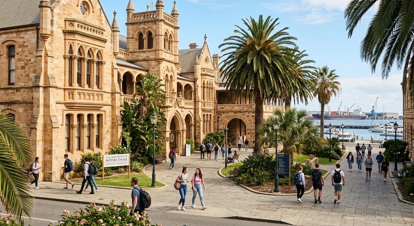 Historic sandstone university buildings in Fremantle Western Australia with heritage architecture, palm trees, and students walking through a sunlit courtyard near the port city waterfront