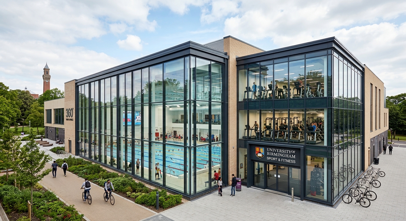University of Birmingham Sport and Fitness Centre exterior, a modern building with large glass windows, showing the 50m swimming pool area and gym facilities visible inside