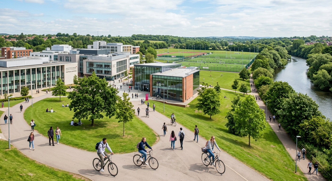 Nottingham Trent University Clifton Campus with modern academic buildings surrounded by green parkland, sports facilities visible in background, wide pathways with students cycling, mature trees along the River Trent