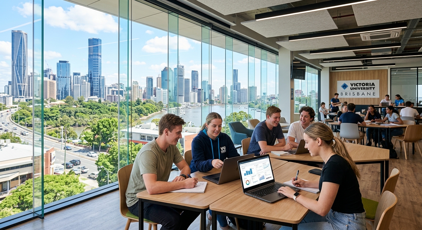 Modern Victoria University Brisbane campus building in Fortitude Valley, students collaborating in a bright open-plan learning hub with SAP software on screens, subtropical Brisbane cityscape visible through large windows