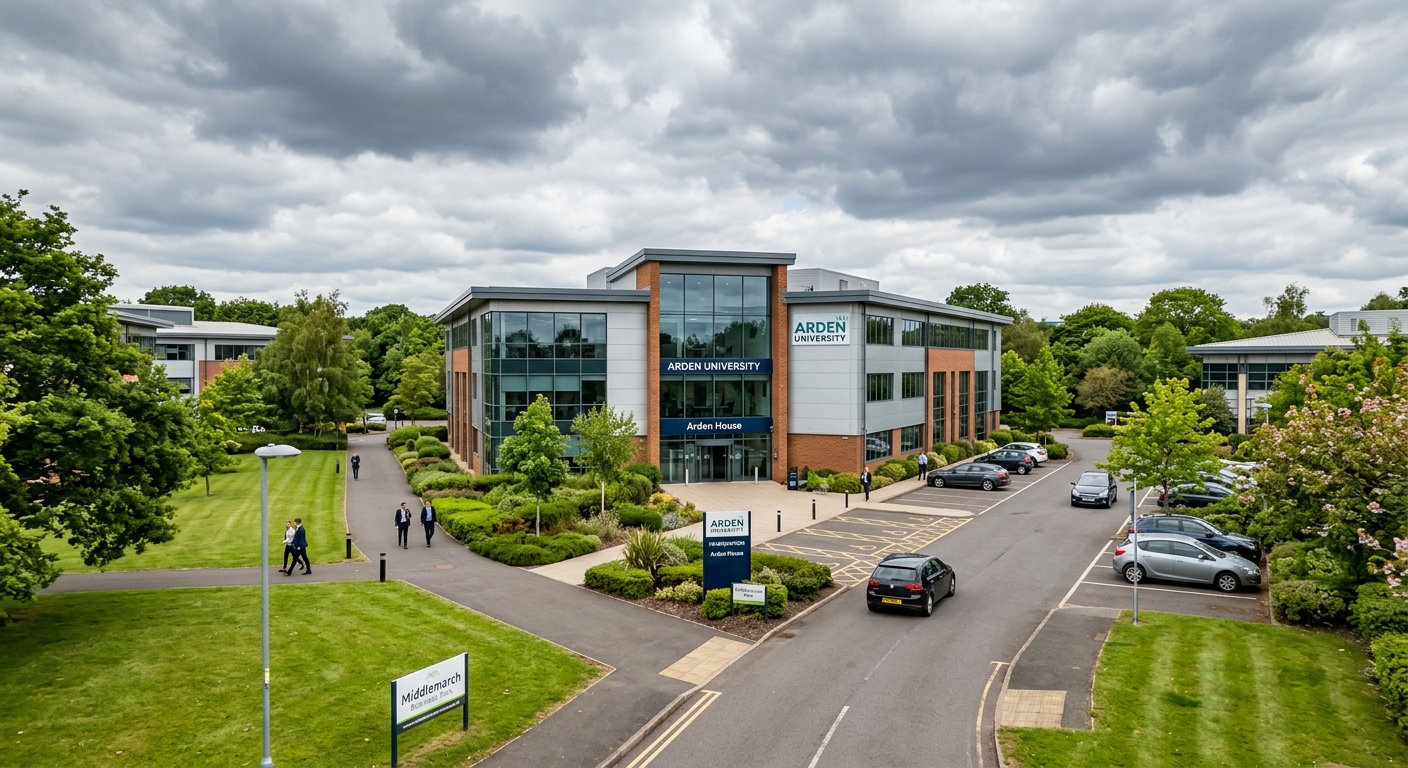 Arden University headquarters at Arden House, Middlemarch Park, Coventry, modern office building surrounded by green parkland, overcast English sky, professional campus setting