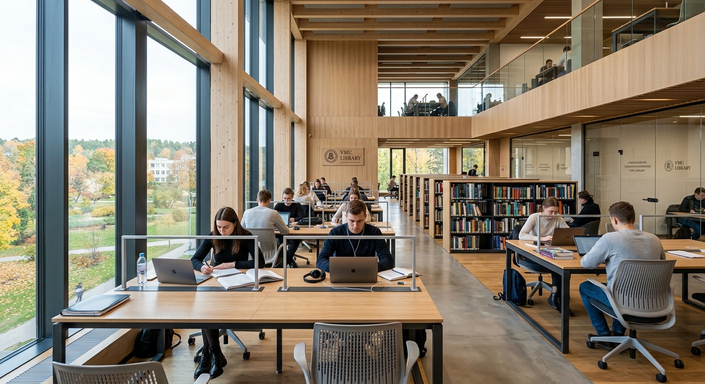 Modern VMU library interior with students studying at desks, large windows, contemporary design with wooden accents and natural light