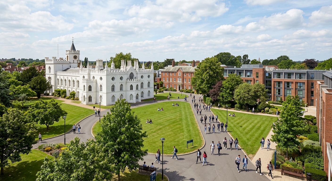 St Mary's University Twickenham campus wide shot showing historic Strawberry Hill House with neo-Gothic architecture, green lawns, modern university buildings, trees, and students walking on pathways under a partly cloudy sky