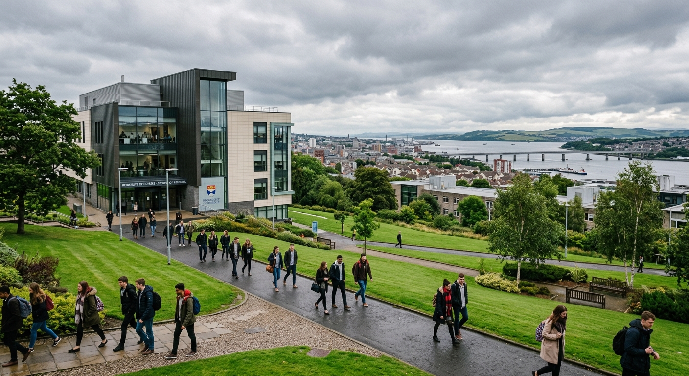 University of Dundee campus with modern School of Business building, students walking along paths near green lawns, Dundee cityscape and River Tay visible in the background, overcast Scottish sky