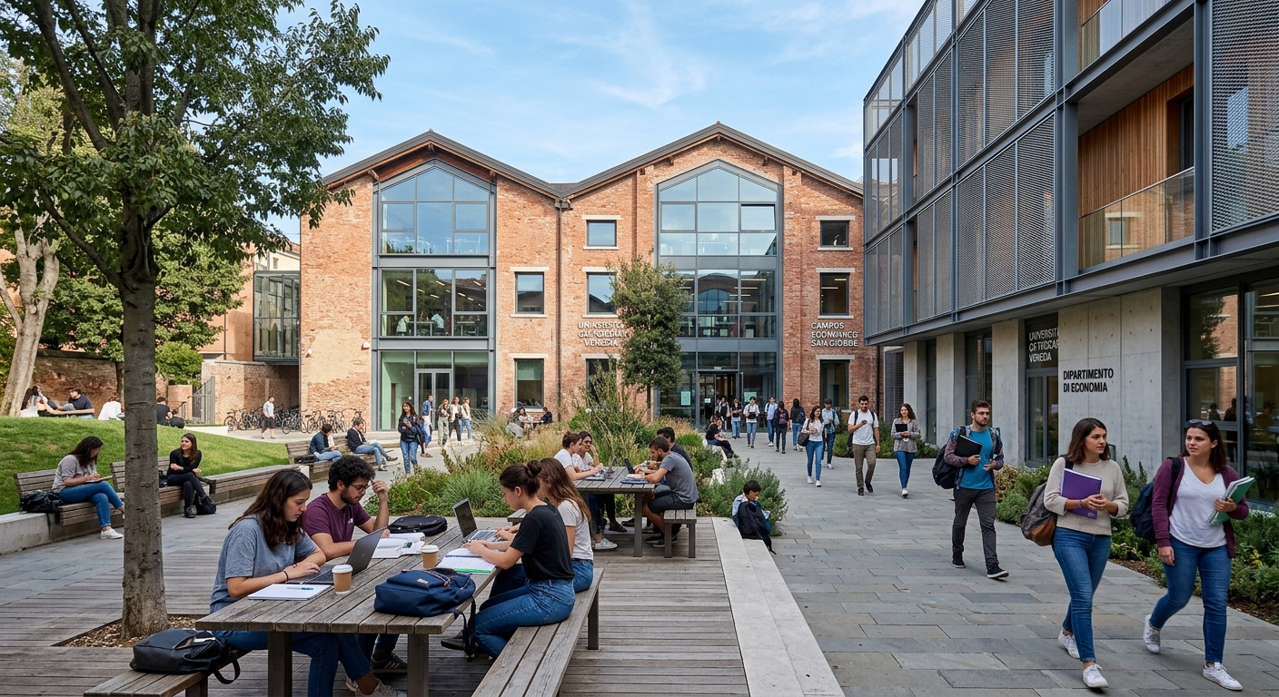 San Giobbe Economics Campus modern renovated buildings, open courtyard with students studying, contemporary Italian university architecture