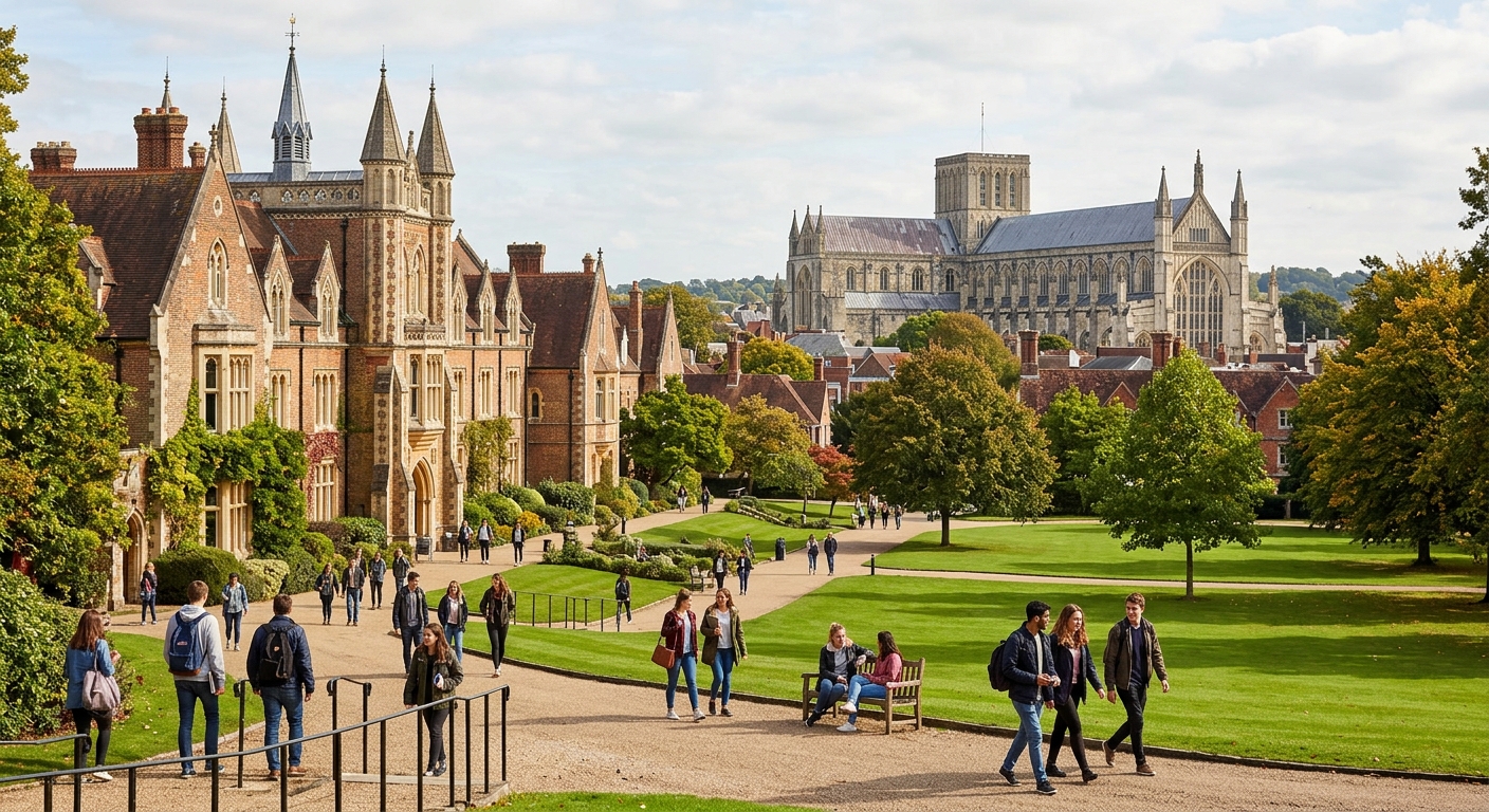 Historic University of Winchester campus with Gothic architecture and green lawns, students walking along tree-lined pathways in the heart of Winchester, Hampshire, England, with Winchester Cathedral visible in the background