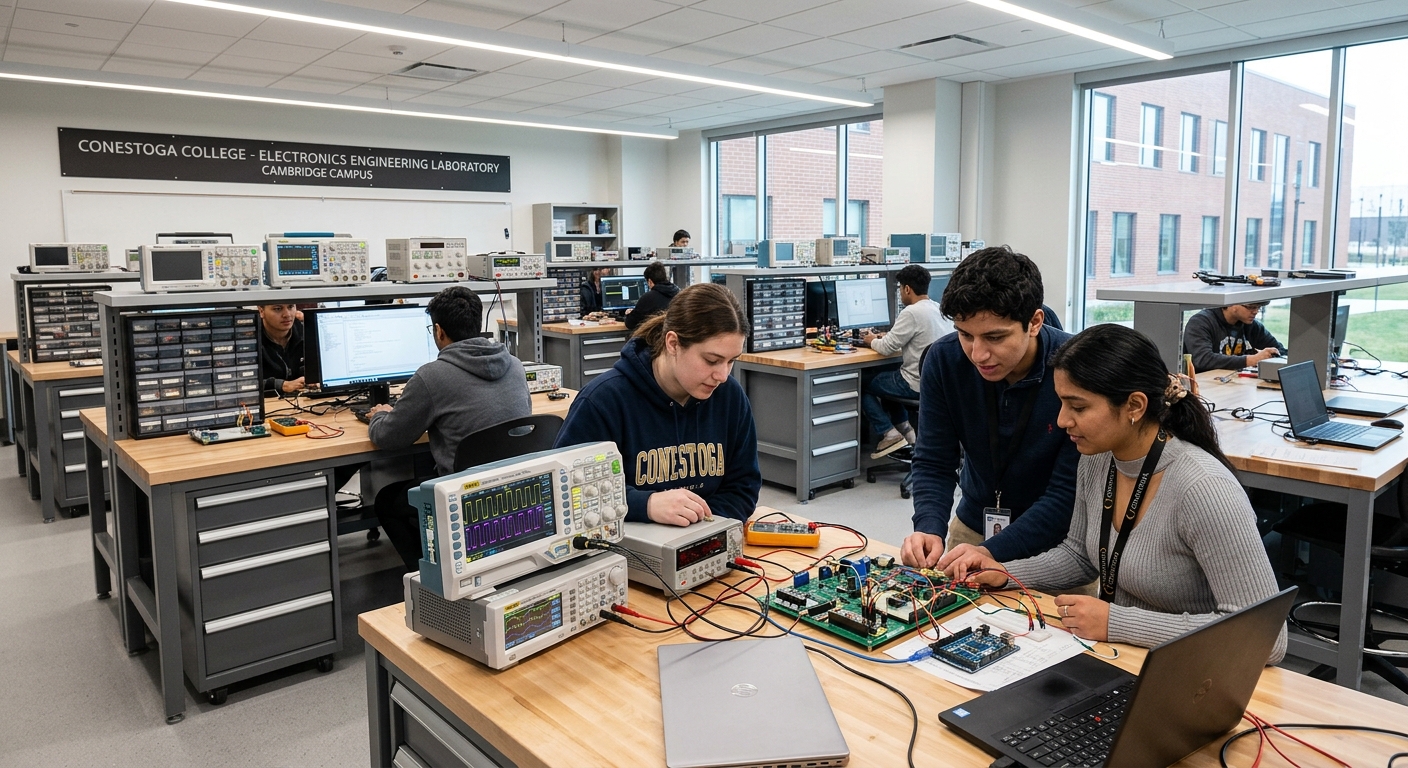 Modern electronics engineering laboratory at Conestoga College Cambridge campus, students working with oscilloscopes, embedded systems and circuit boards, bright overhead lighting, collaborative workstations